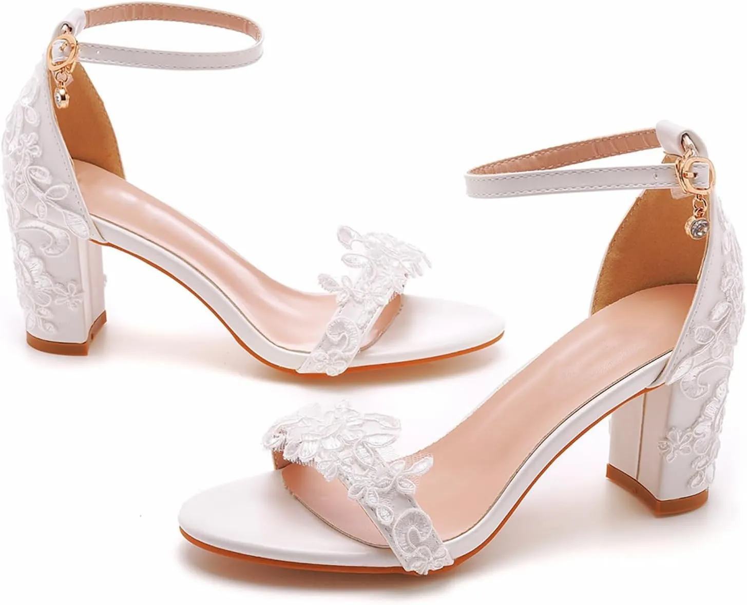 Women's Bridal Shoes Open Toe Mid Block Heel Lace Satin Ankle Strap Comfortable Wedding Dress Pump Sandals