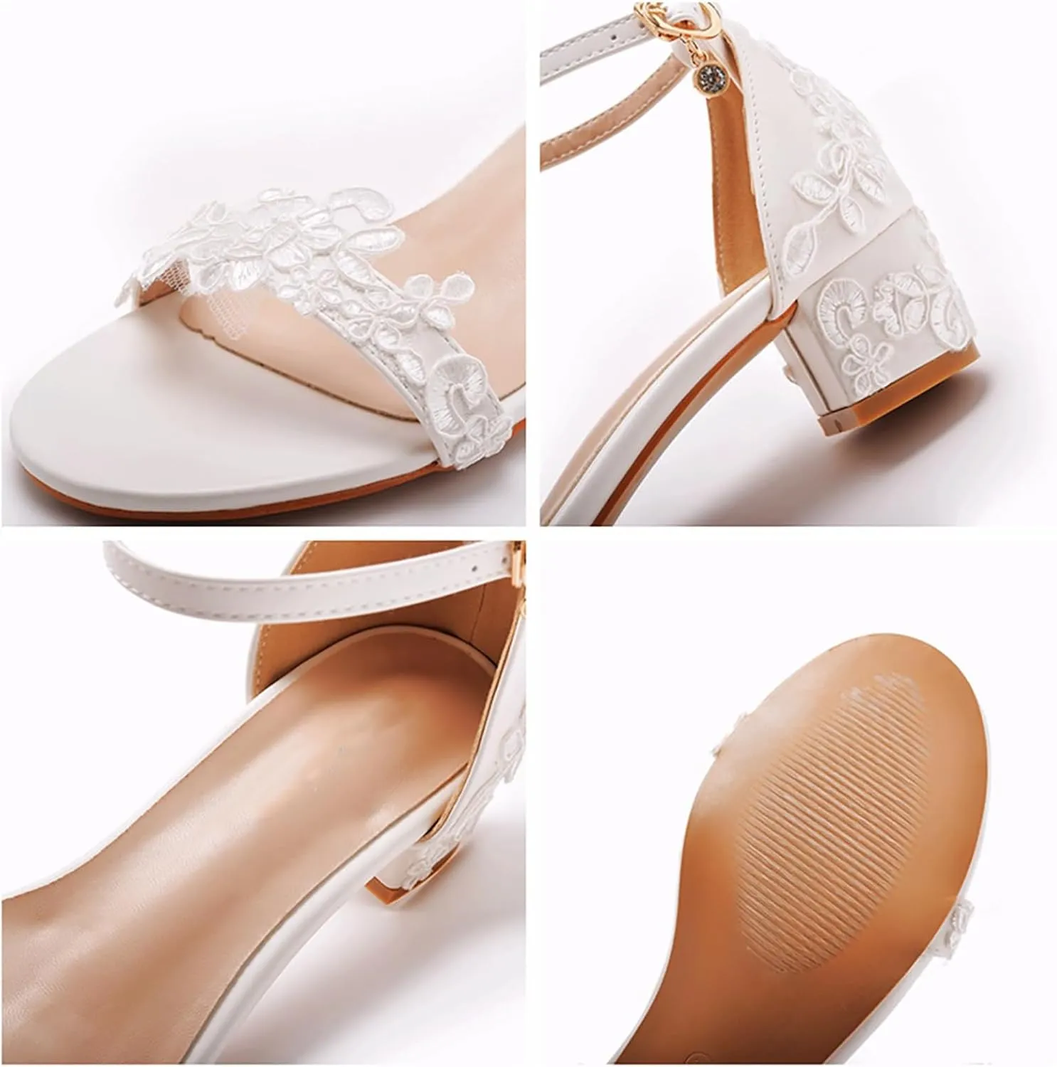 Women's Bridal Shoes Open Toe Mid Block Heel Lace Satin Ankle Strap Comfortable Wedding Dress Pump Sandals
