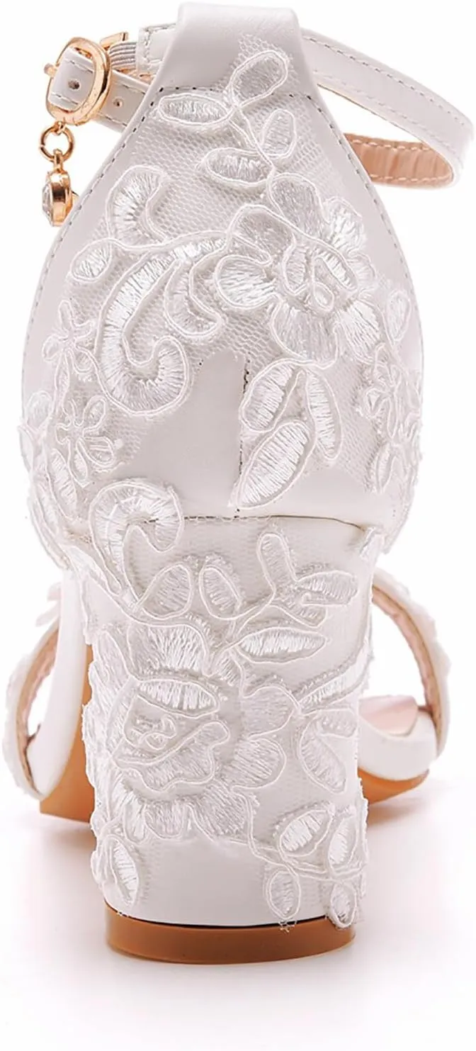Women's Bridal Shoes Open Toe Mid Block Heel Lace Satin Ankle Strap Comfortable Wedding Dress Pump Sandals