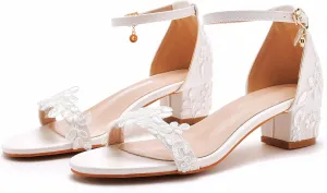 Women's Bridal Shoes Open Toe Mid Block Heel Lace Satin Ankle Strap Comfortable Wedding Dress Pump Sandals