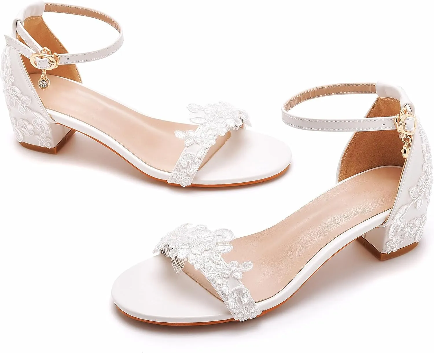 Women's Bridal Shoes Open Toe Mid Block Heel Lace Satin Ankle Strap Comfortable Wedding Dress Pump Sandals