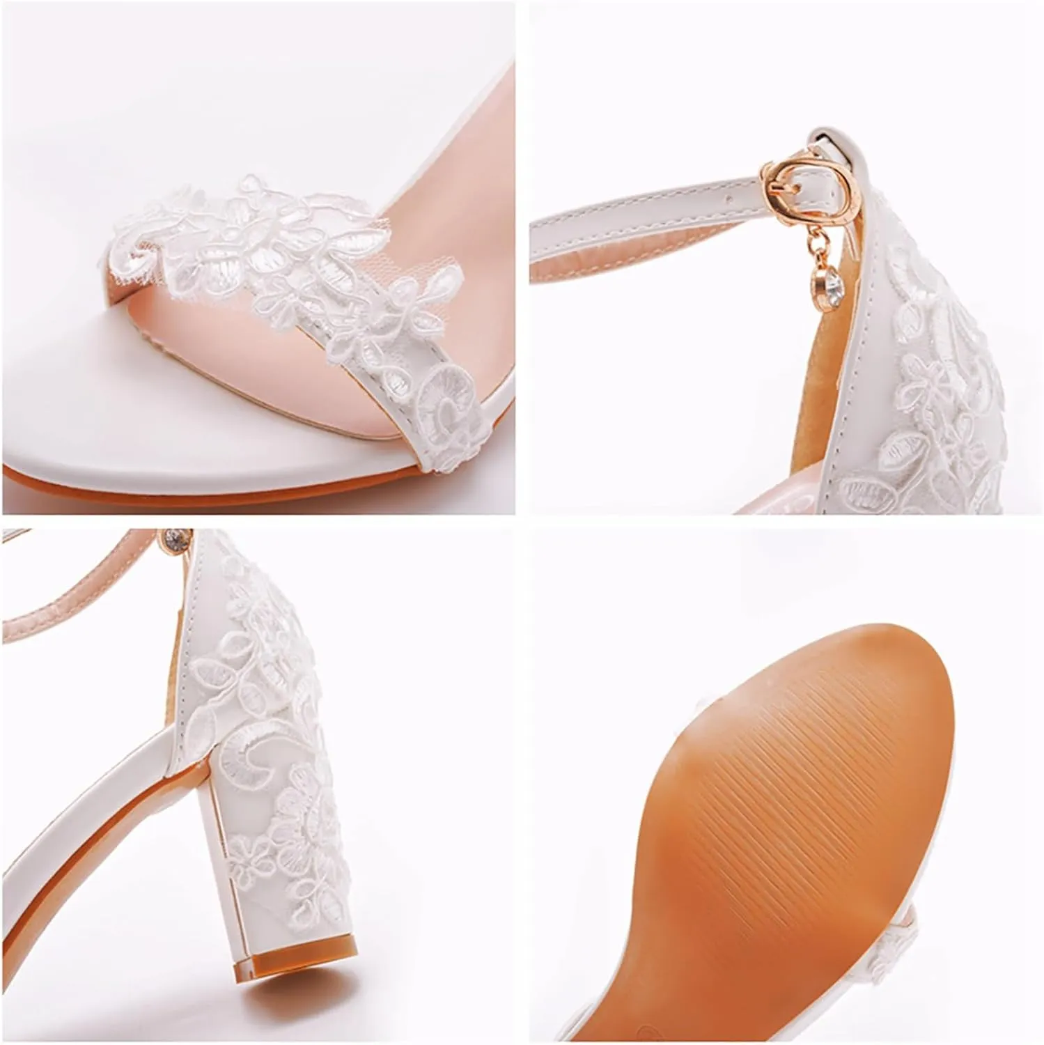 Women's Bridal Shoes Open Toe Mid Block Heel Lace Satin Ankle Strap Comfortable Wedding Dress Pump Sandals