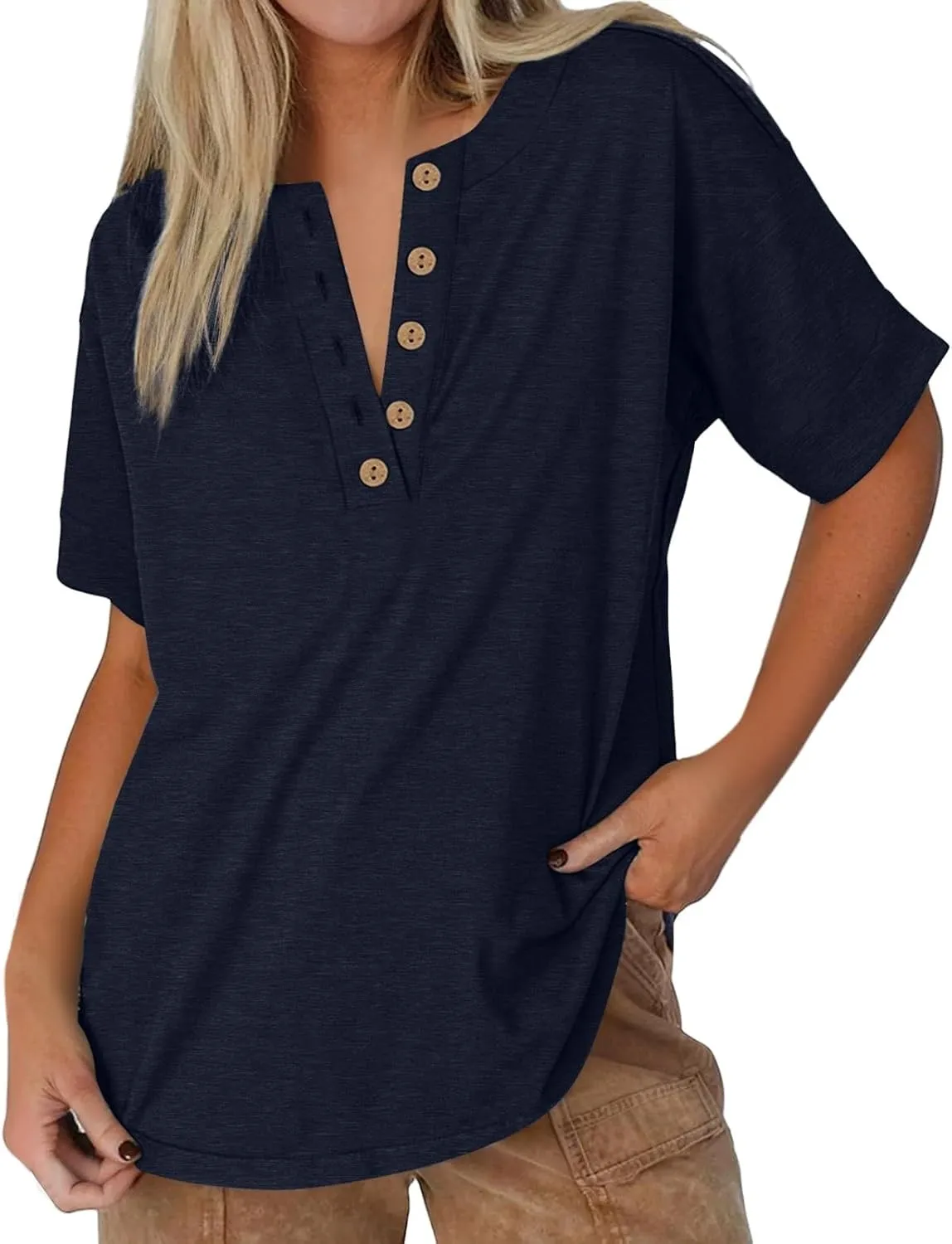 Womens Button V Neck T Shirts 2025 Trendy Summer Outdoor Vacation Blouse Tops Casual Loose Fit Trip Beach T-Shirts