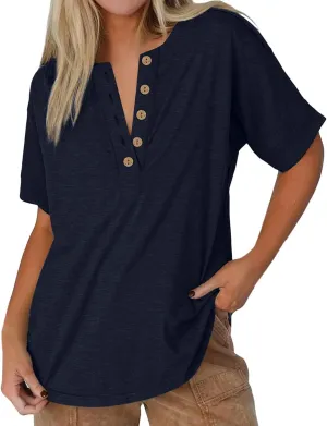 Womens Button V Neck T Shirts 2025 Trendy Summer Outdoor Vacation Blouse Tops Casual Loose Fit Trip Beach T-Shirts
