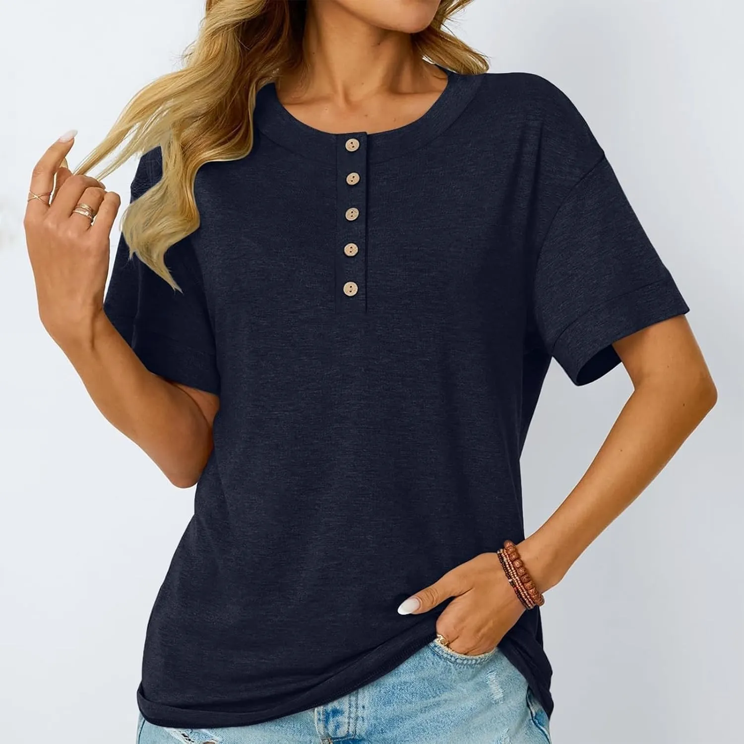 Womens Button V Neck T Shirts 2025 Trendy Summer Outdoor Vacation Blouse Tops Casual Loose Fit Trip Beach T-Shirts