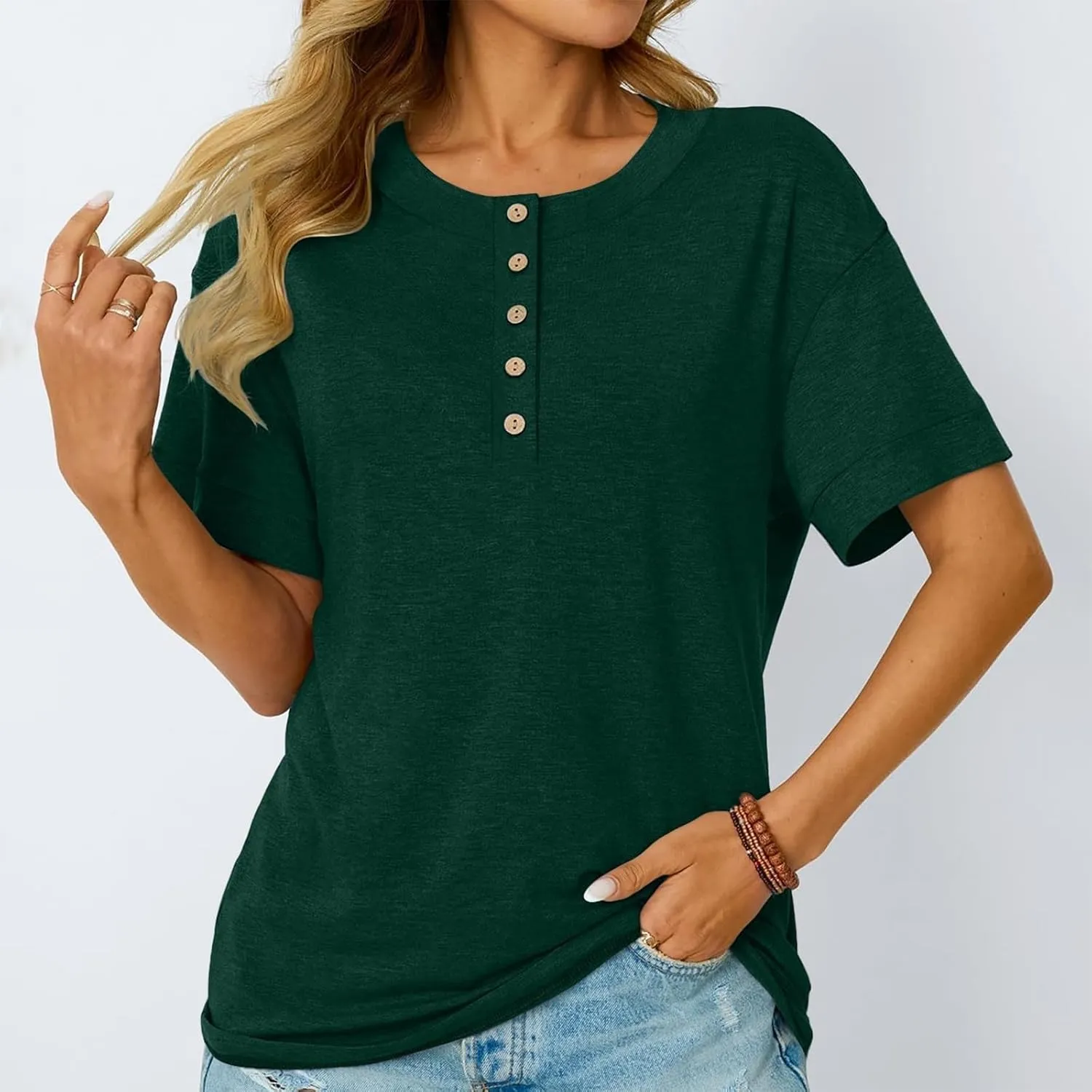 Womens Button V Neck T Shirts 2025 Trendy Summer Outdoor Vacation Blouse Tops Casual Loose Fit Trip Beach T-Shirts