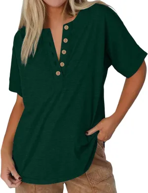Womens Button V Neck T Shirts 2025 Trendy Summer Outdoor Vacation Blouse Tops Casual Loose Fit Trip Beach T-Shirts
