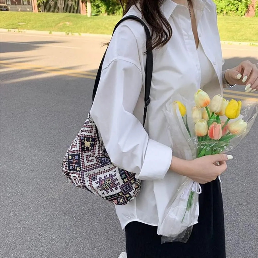 Women's Crossbody Bag Contrast Color Plaid Striped Saddle Shoulder Handbag Underarm Satchel Tote Clutch Purse Hobo Bag