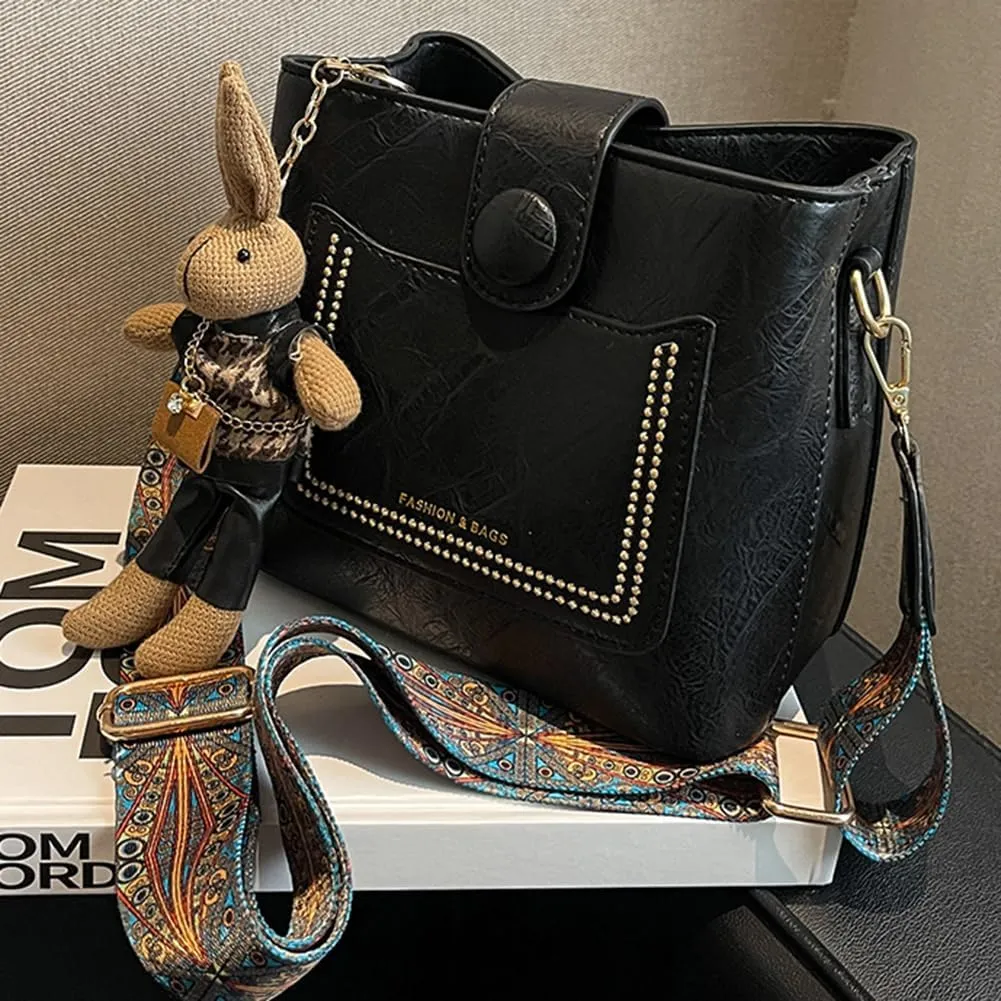 Womens Crossbody Bags Mini Faux Leather Shoulder Bag with Guitar Strap Small Bucket Hobo Bag Purses with Bunny Doll