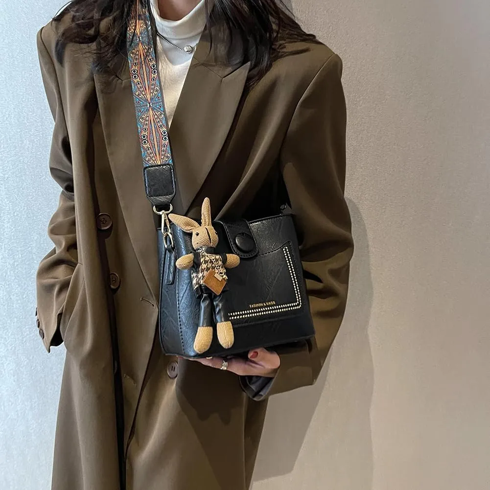 Womens Crossbody Bags Mini Faux Leather Shoulder Bag with Guitar Strap Small Bucket Hobo Bag Purses with Bunny Doll