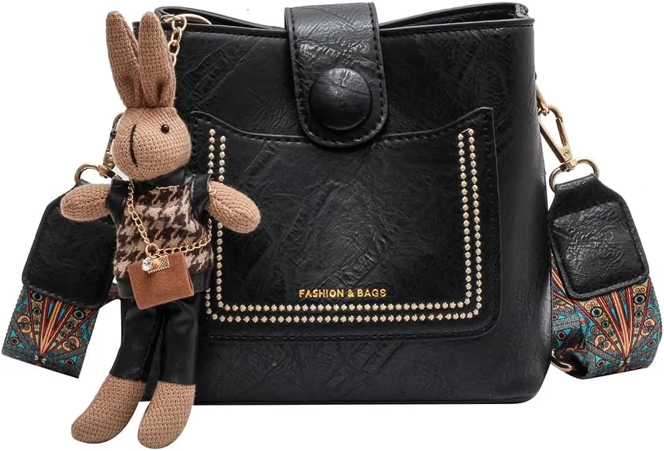 Womens Crossbody Bags Mini Faux Leather Shoulder Bag with Guitar Strap Small Bucket Hobo Bag Purses with Bunny Doll