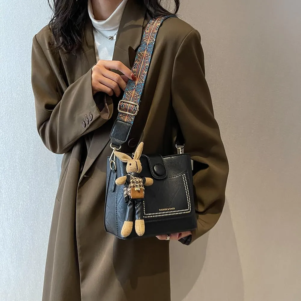 Womens Crossbody Bags Mini Faux Leather Shoulder Bag with Guitar Strap Small Bucket Hobo Bag Purses with Bunny Doll