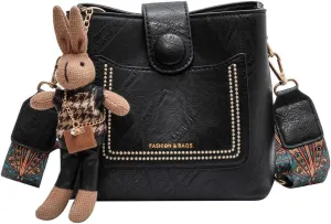 Womens Crossbody Bags Mini Faux Leather Shoulder Bag with Guitar Strap Small Bucket Hobo Bag Purses with Bunny Doll