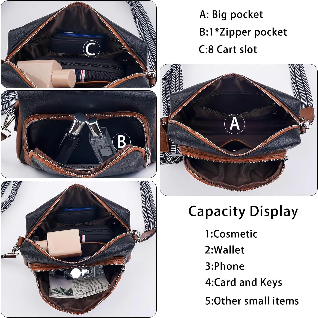 Women's Crossbody Handbags Vegen Leather Purses 2Pcs Hobo Purse Bags Wallet Set with 2 Adjustable Guitar Strap