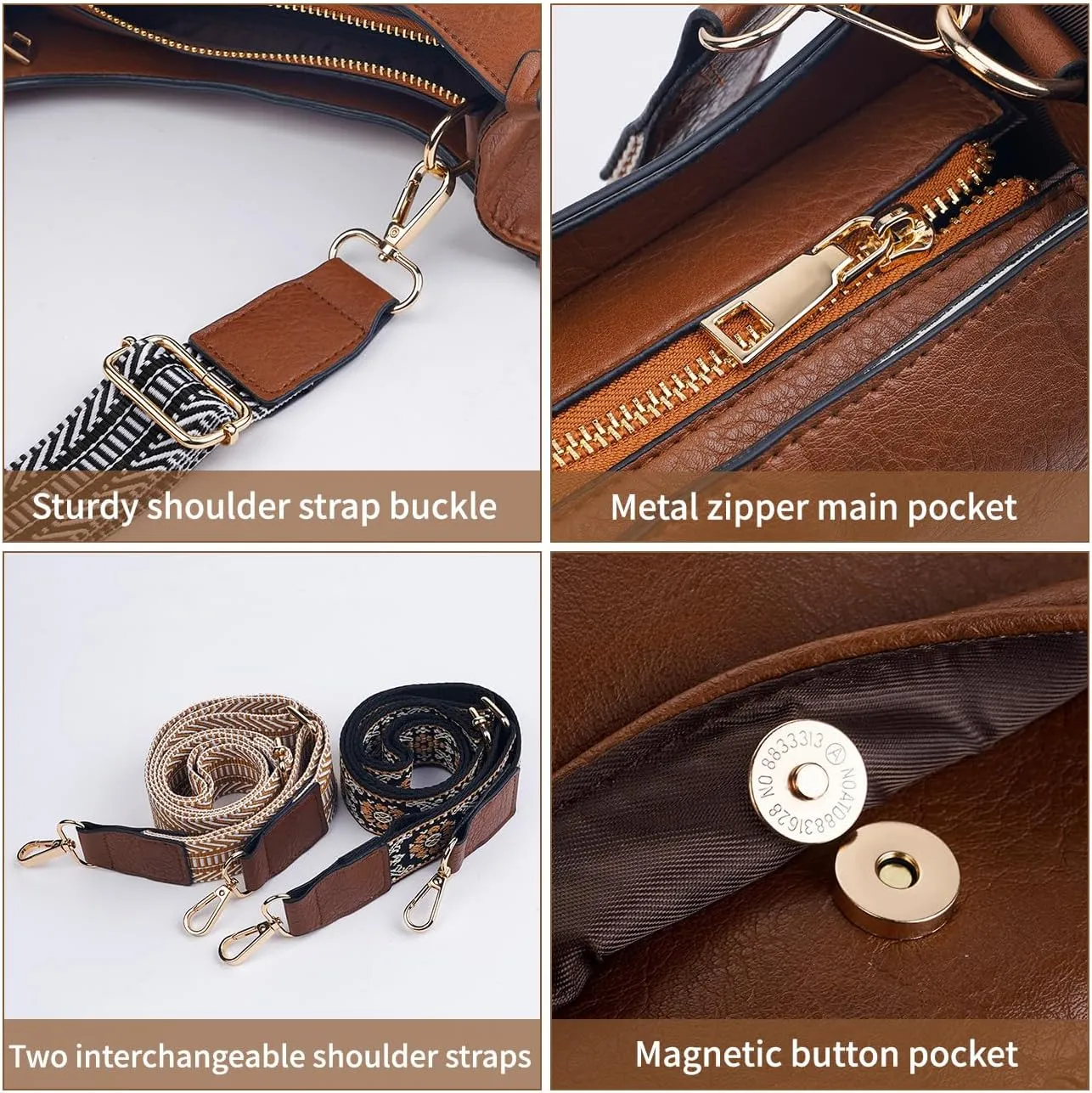 Women's Crossbody Handbags Vegen Leather Purses 2Pcs Hobo Purse Bags Wallet Set with 2 Adjustable Guitar Strap