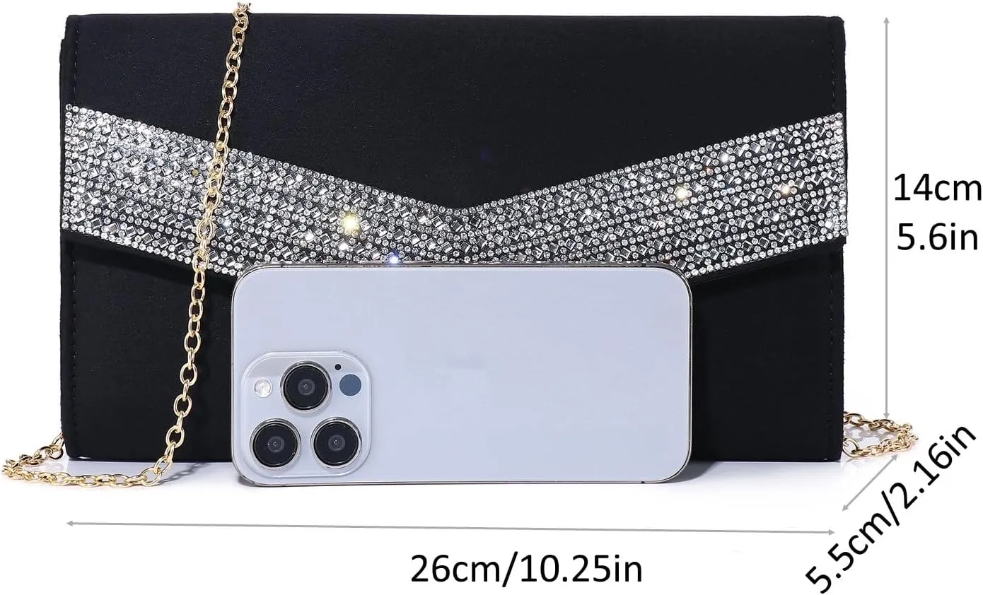 Women's Evening Bags Faux Suede Envelope Clutch Purse Shiny Rhinestone Women Handbags for Wedding Party Prom
