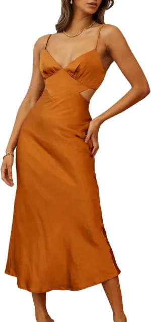 Women's Fall Satin Backless Maxi Dress Silk Cut Out V Neck Slip Tie Back Formal Cocktail Midi Dresses for Wedding Guest