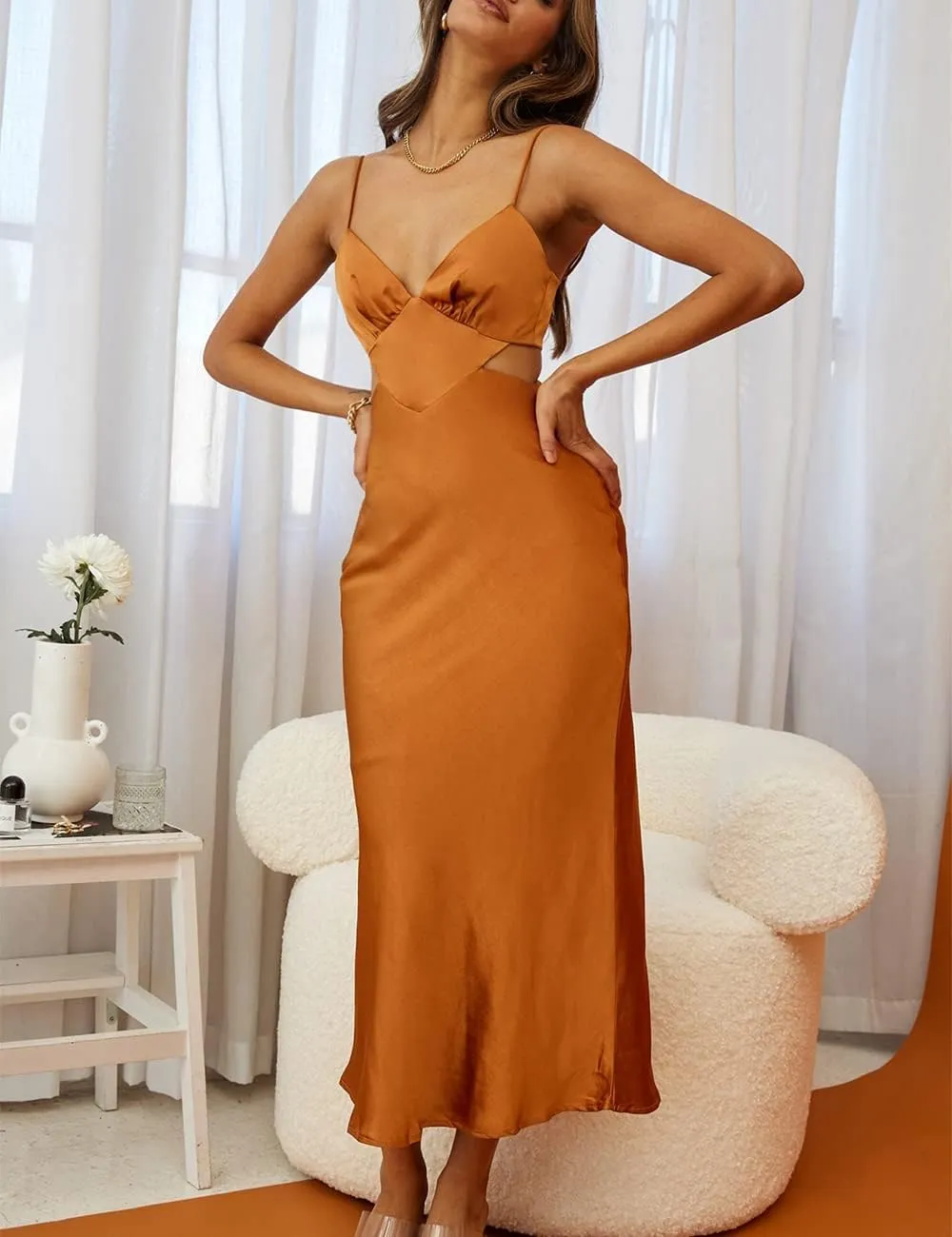 Women's Fall Satin Backless Maxi Dress Silk Cut Out V Neck Slip Tie Back Formal Cocktail Midi Dresses for Wedding Guest