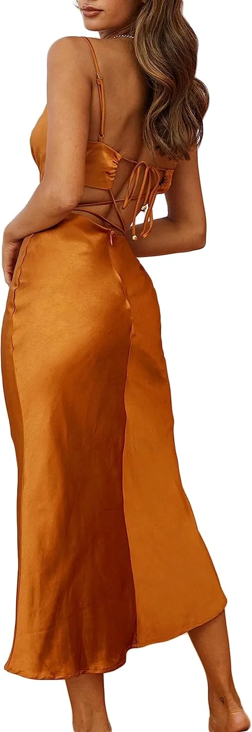 Women's Fall Satin Backless Maxi Dress Silk Cut Out V Neck Slip Tie Back Formal Cocktail Midi Dresses for Wedding Guest