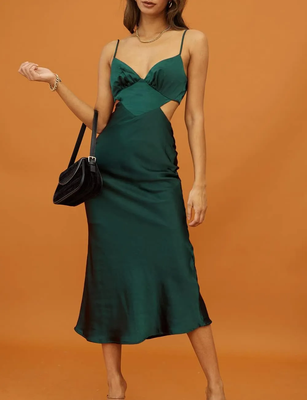 Women's Fall Satin Backless Maxi Dress Silk Cut Out V Neck Slip Tie Back Formal Cocktail Midi Dresses for Wedding Guest