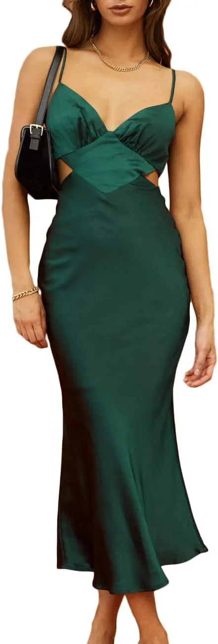Women's Fall Satin Backless Maxi Dress Silk Cut Out V Neck Slip Tie Back Formal Cocktail Midi Dresses for Wedding Guest