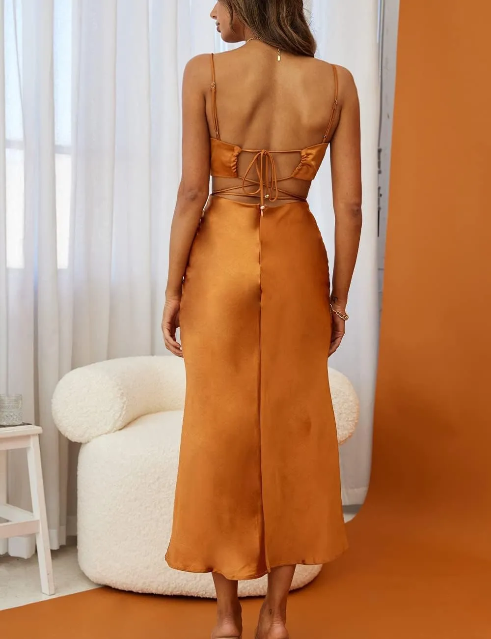 Women's Fall Satin Backless Maxi Dress Silk Cut Out V Neck Slip Tie Back Formal Cocktail Midi Dresses for Wedding Guest