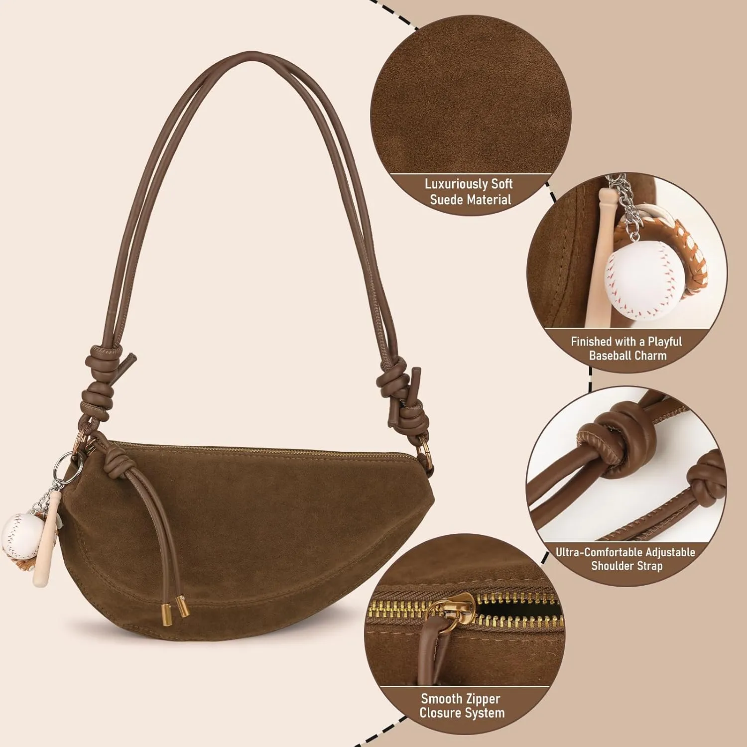 Women's Faux Suede Dumpling Bag Crossbody Shoulder Purse with Cute Baseball Charms