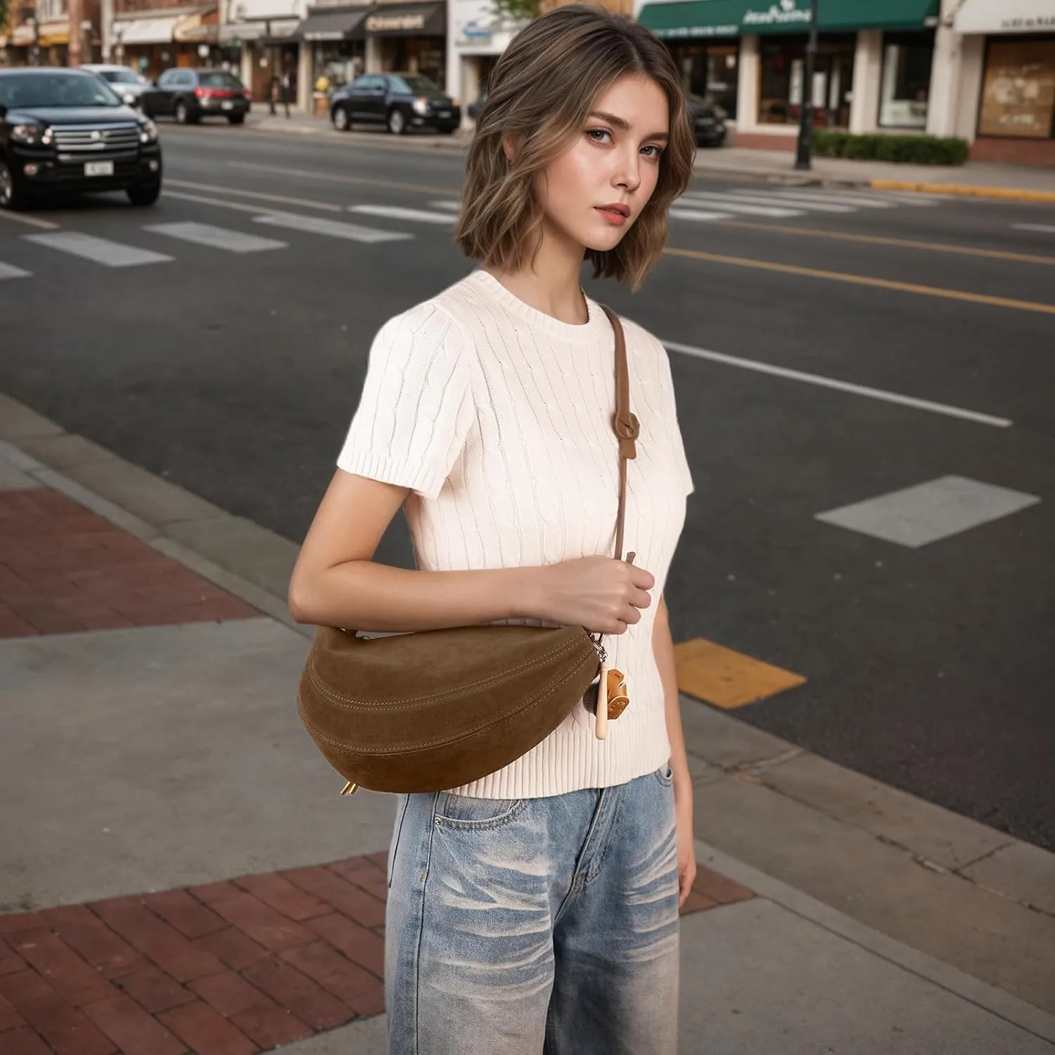 Women's Faux Suede Dumpling Bag Crossbody Shoulder Purse with Cute Baseball Charms