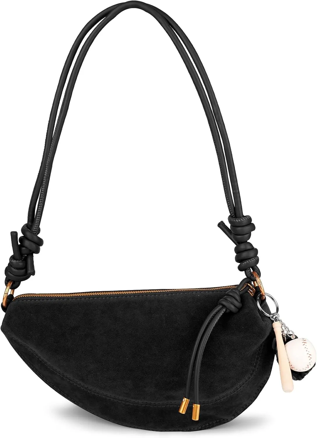 Women's Faux Suede Dumpling Bag Crossbody Shoulder Purse with Cute Baseball Charms