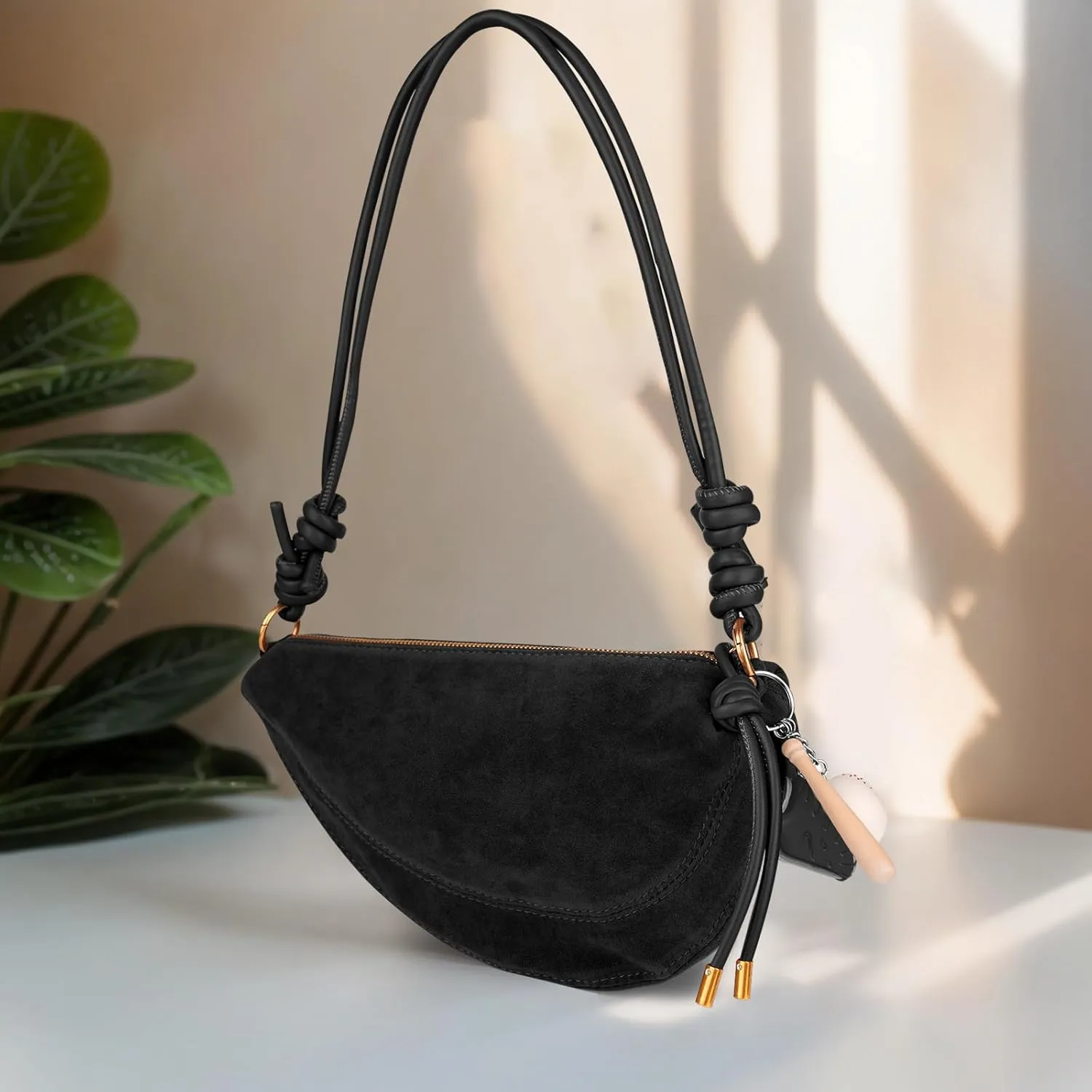 Women's Faux Suede Dumpling Bag Crossbody Shoulder Purse with Cute Baseball Charms