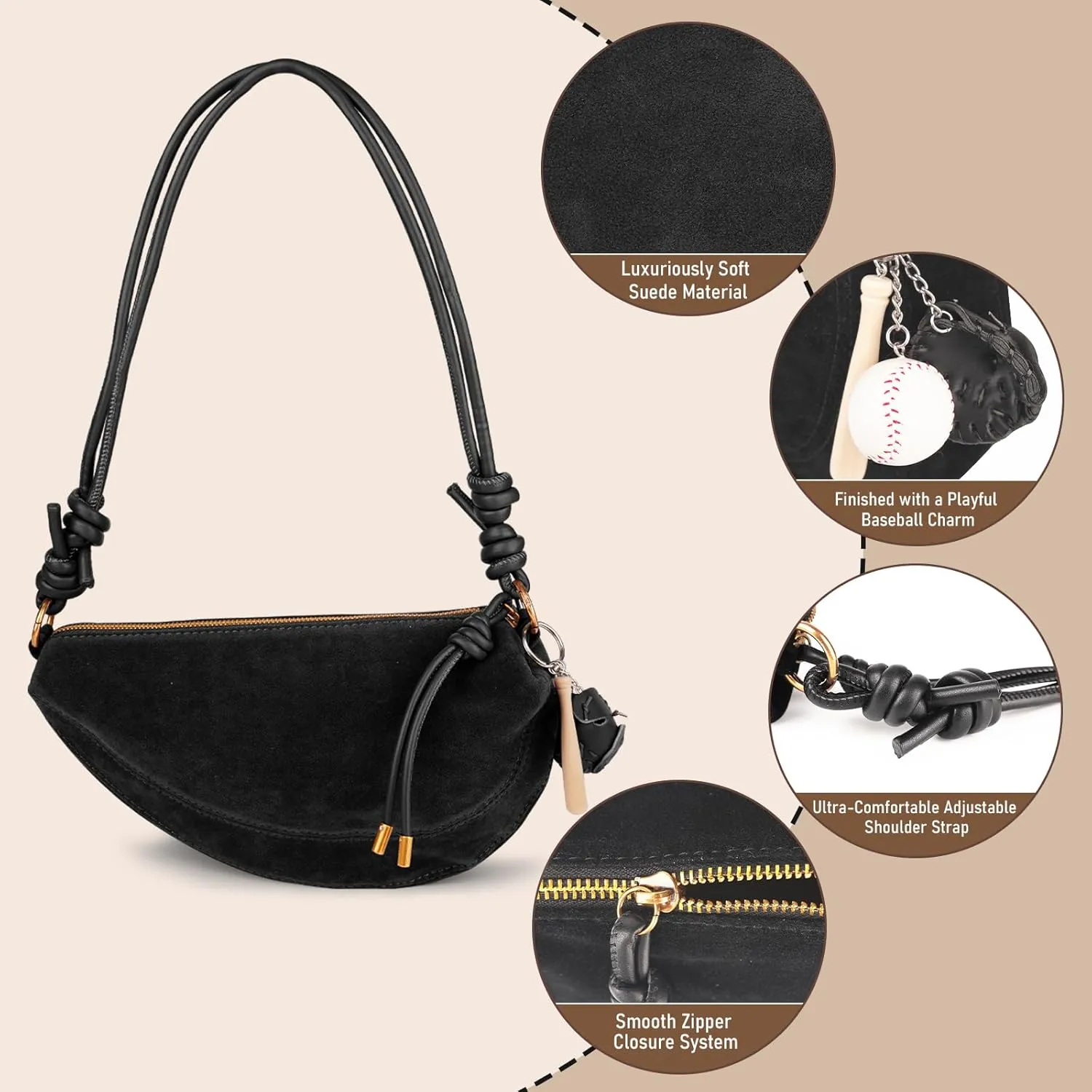 Women's Faux Suede Dumpling Bag Crossbody Shoulder Purse with Cute Baseball Charms