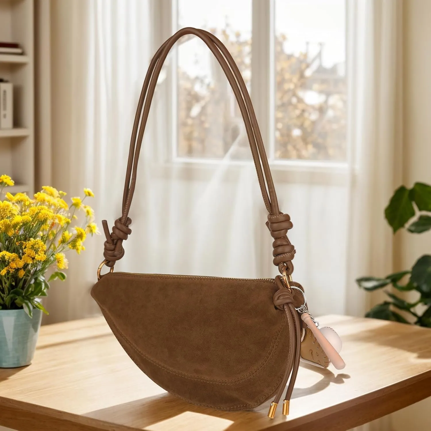 Women's Faux Suede Dumpling Bag Crossbody Shoulder Purse with Cute Baseball Charms