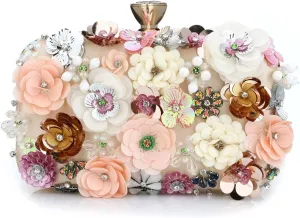 Women's Floral Evening Clutch Bag with Flower Metal Rhinestones for Women Wedding Prom Party 3D Sequins Evening Handbag
