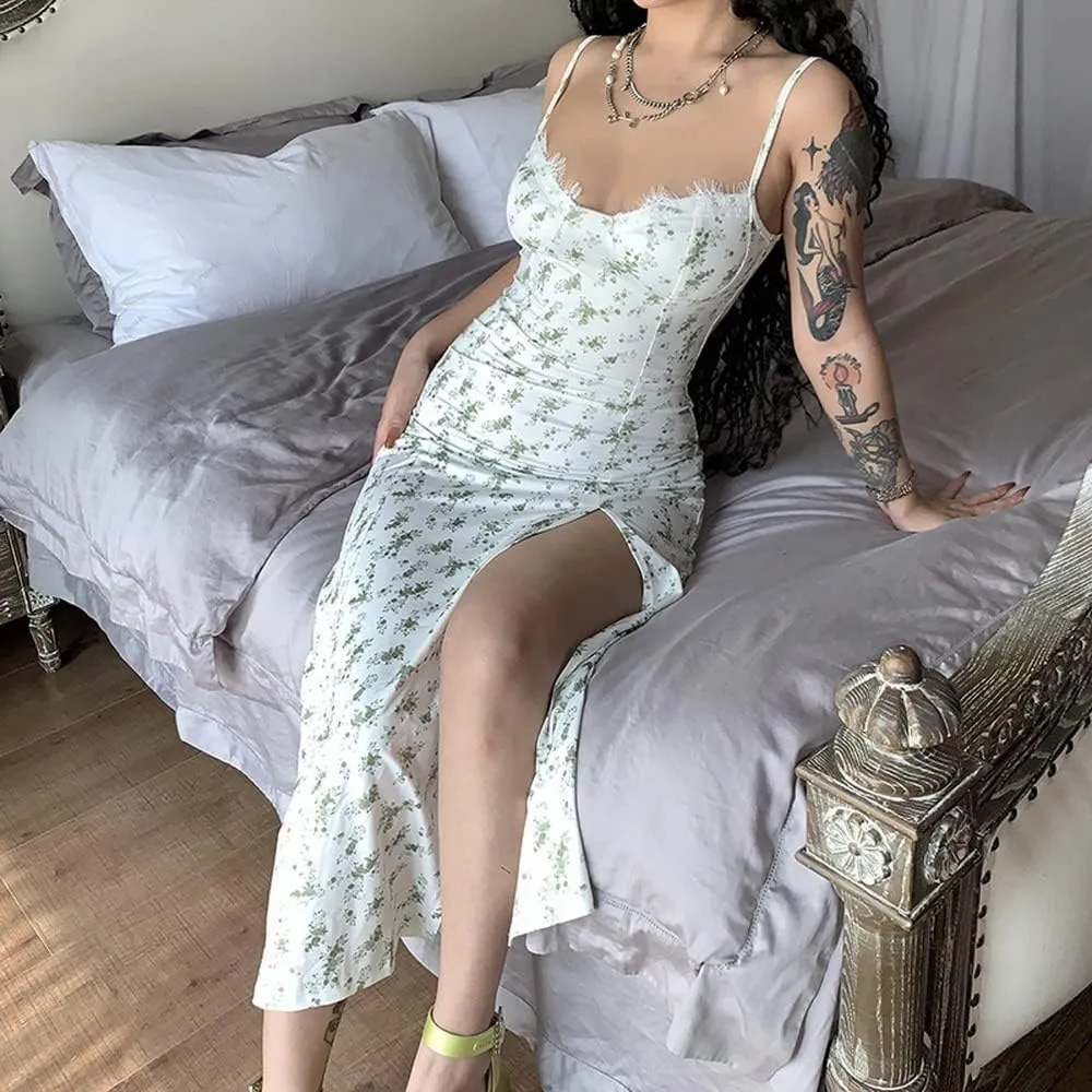 Women's Floral Spaghetti Strap Cami Dress Eyelash Lace Trim Side Slit Bodycon Midi Dress