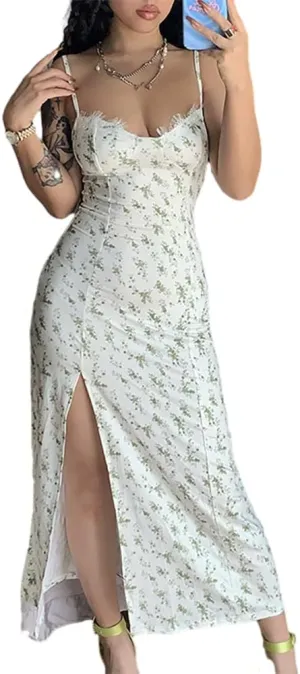 Women's Floral Spaghetti Strap Cami Dress Eyelash Lace Trim Side Slit Bodycon Midi Dress
