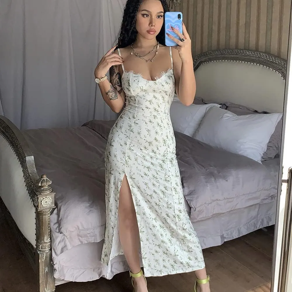 Women's Floral Spaghetti Strap Cami Dress Eyelash Lace Trim Side Slit Bodycon Midi Dress