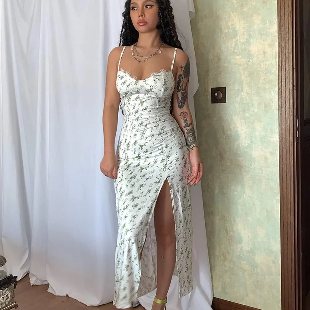Women's Floral Spaghetti Strap Cami Dress Eyelash Lace Trim Side Slit Bodycon Midi Dress