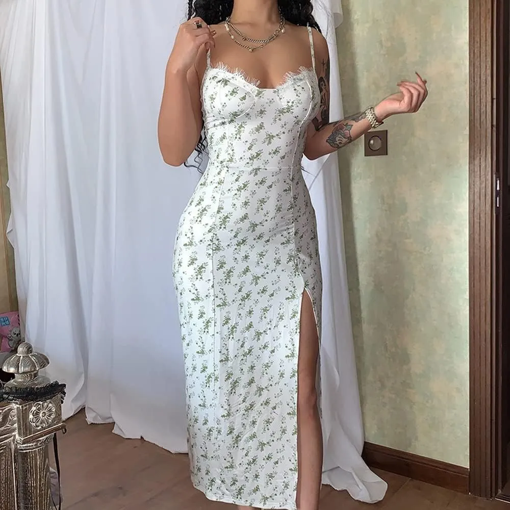 Women's Floral Spaghetti Strap Cami Dress Eyelash Lace Trim Side Slit Bodycon Midi Dress