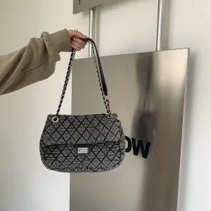 Women's Grey Casual Diamond Checker Denim Retro Fashion One Shoulder Handbag