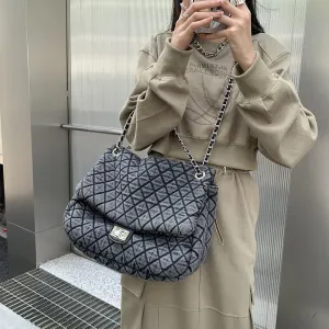 Women's Grey Casual Diamond Checker Denim Retro Fashion One Shoulder Handbag