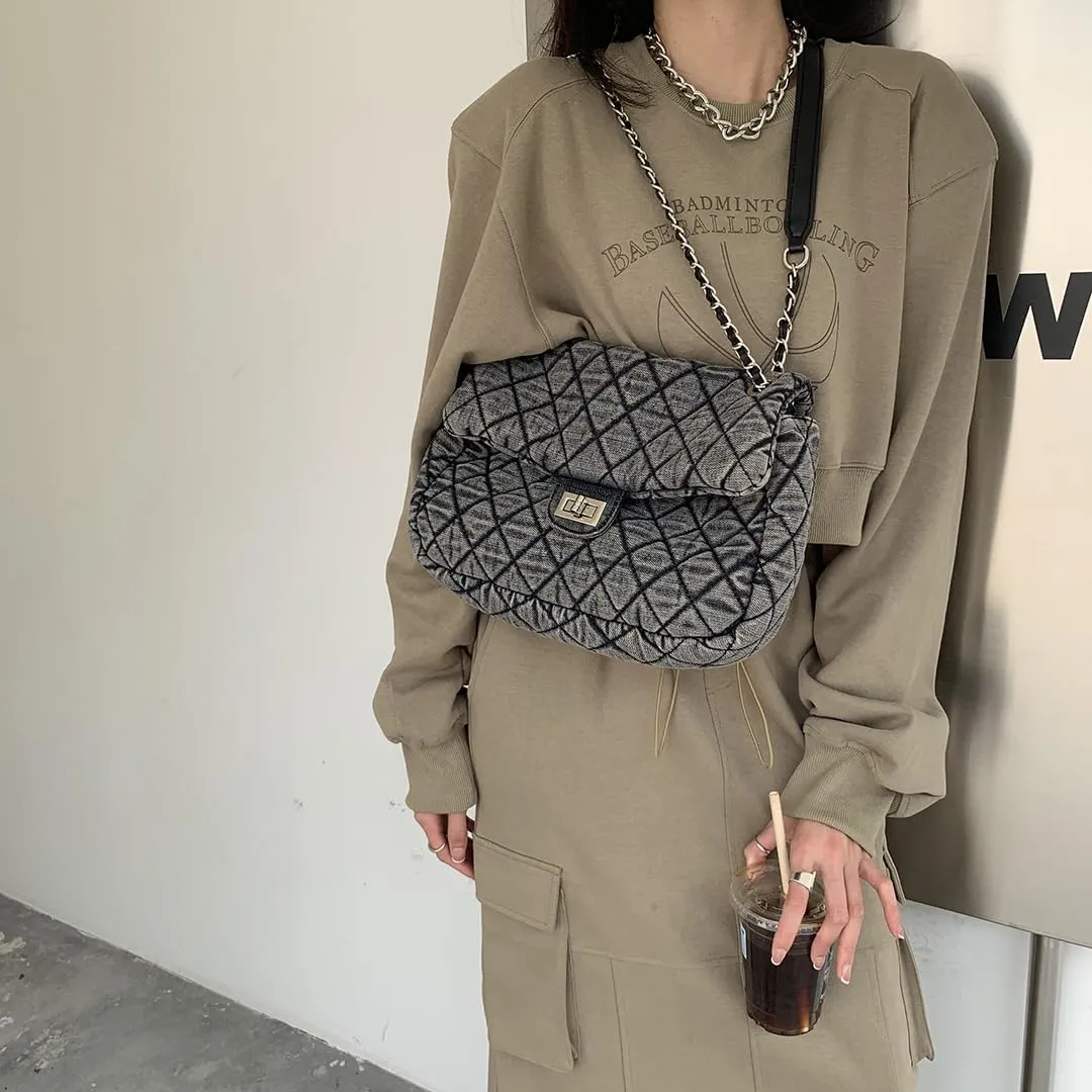 Women's Grey Casual Diamond Checker Denim Retro Fashion One Shoulder Handbag