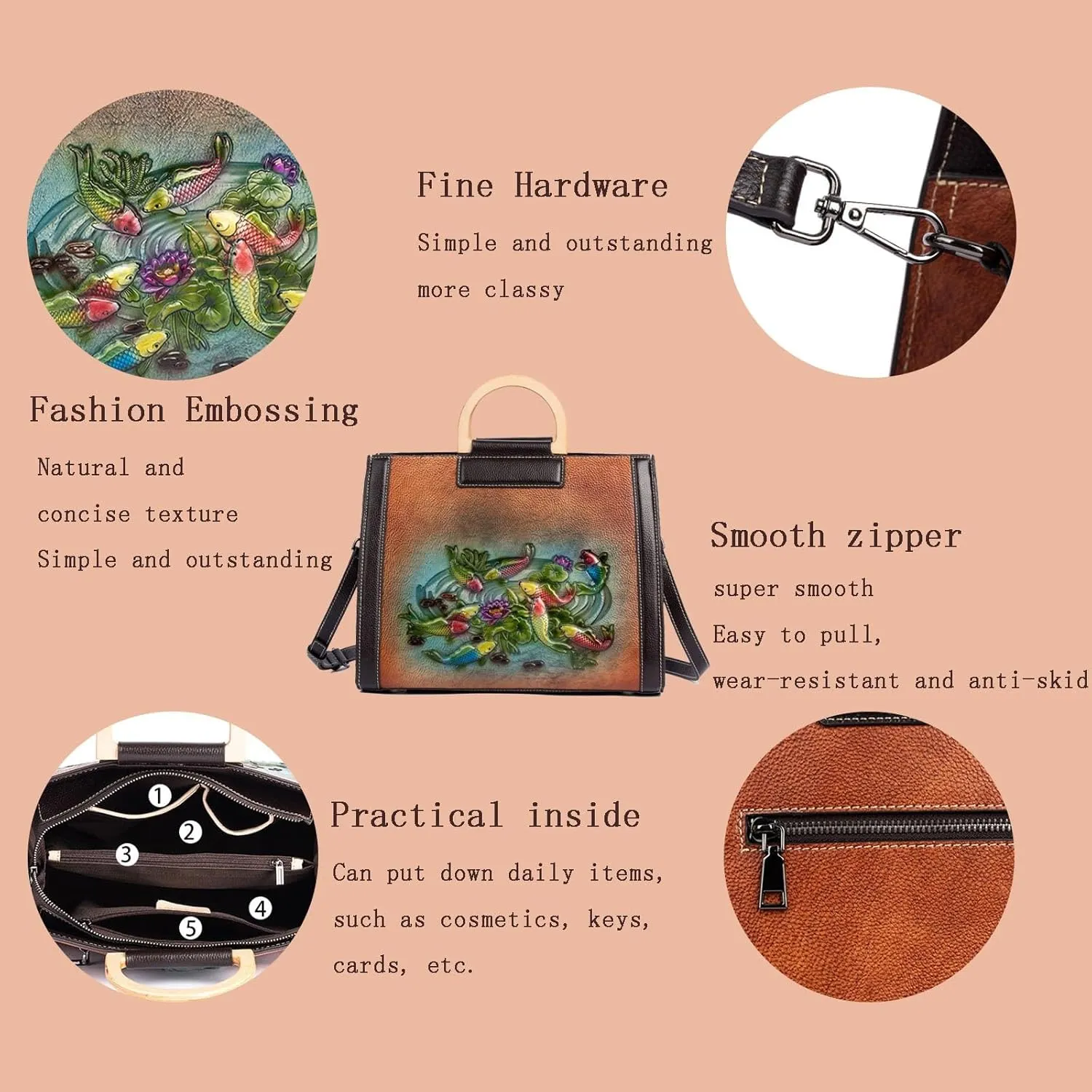 Women's Retro Crossbody Bag, Leather Shoulder Bag, Pure Hand-carved Handbag, Large Capacity Shoulder Bag