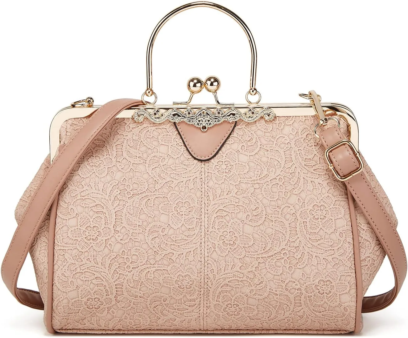 Women's Retro Handbag Kiss Lock Shoulder Purse PU Leather Tote Satchel with Lace