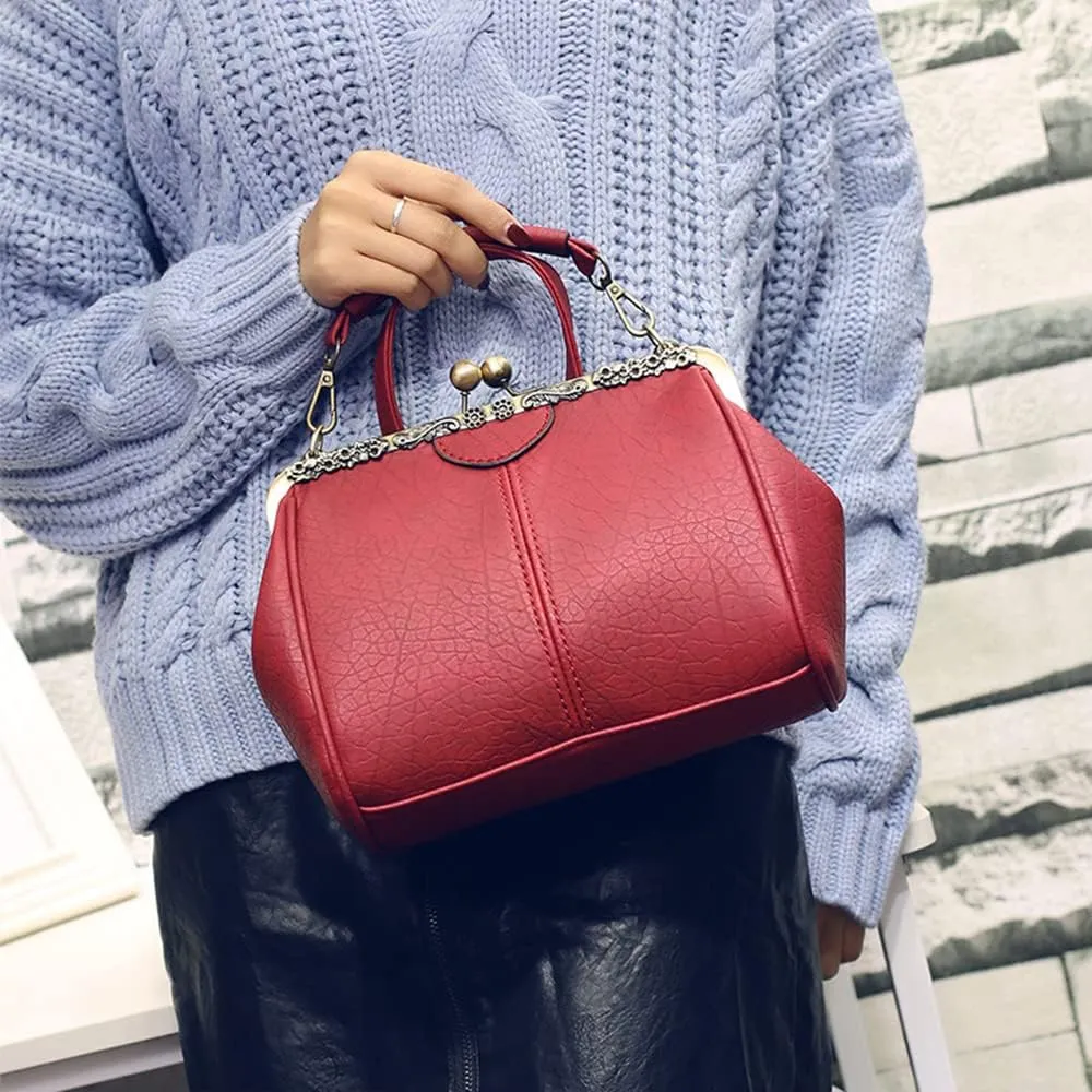 Women's Retro Handbag Kiss Lock Shoulder Purse PU Leather Tote Satchel with Lace