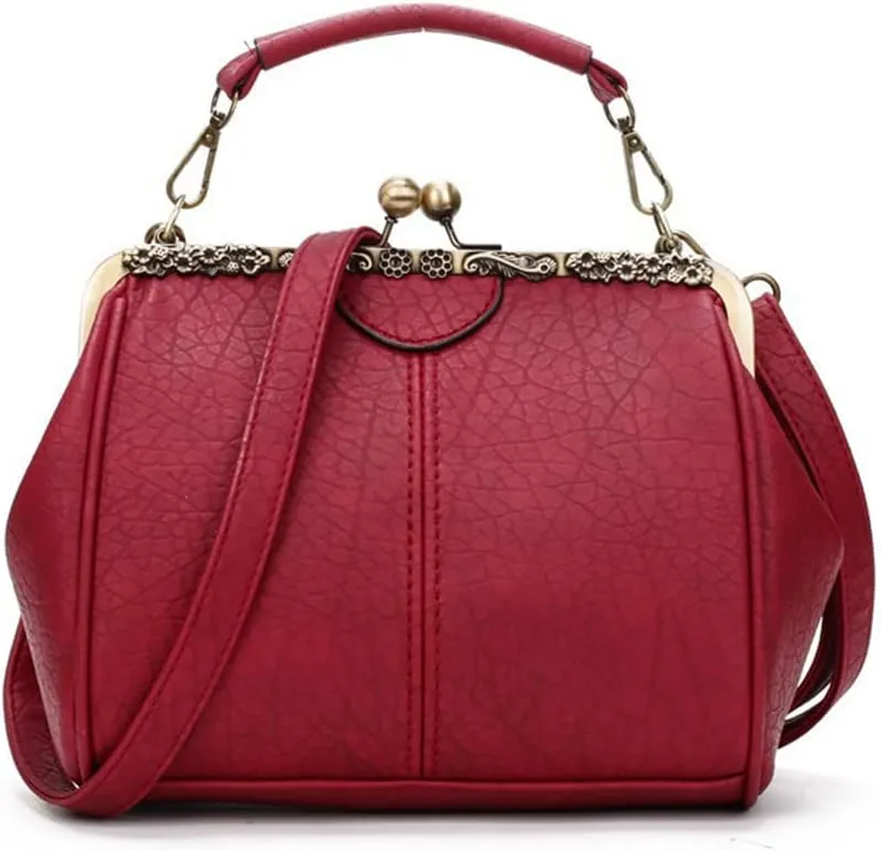Women's Retro Handbag Kiss Lock Shoulder Purse PU Leather Tote Satchel with Lace