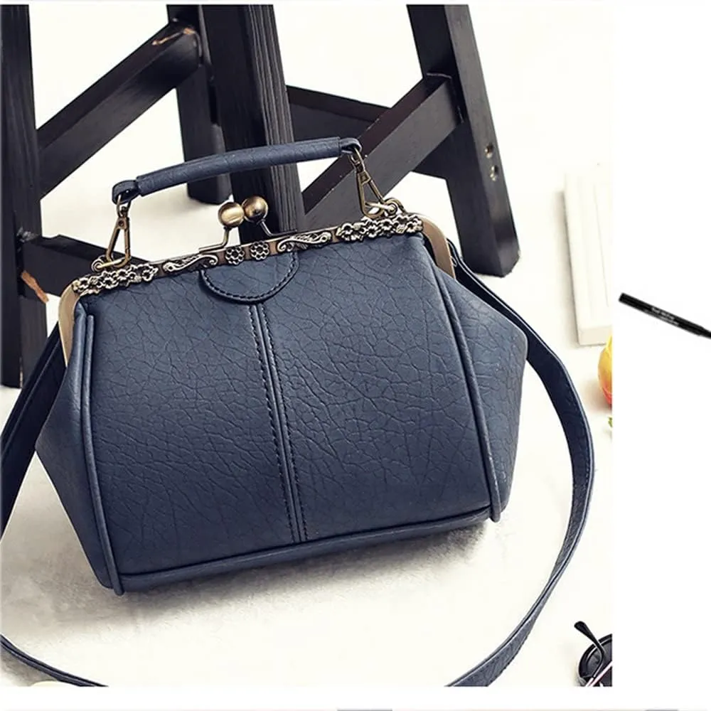 Women's Retro Handbag Kiss Lock Shoulder Purse PU Leather Tote Satchel with Lace
