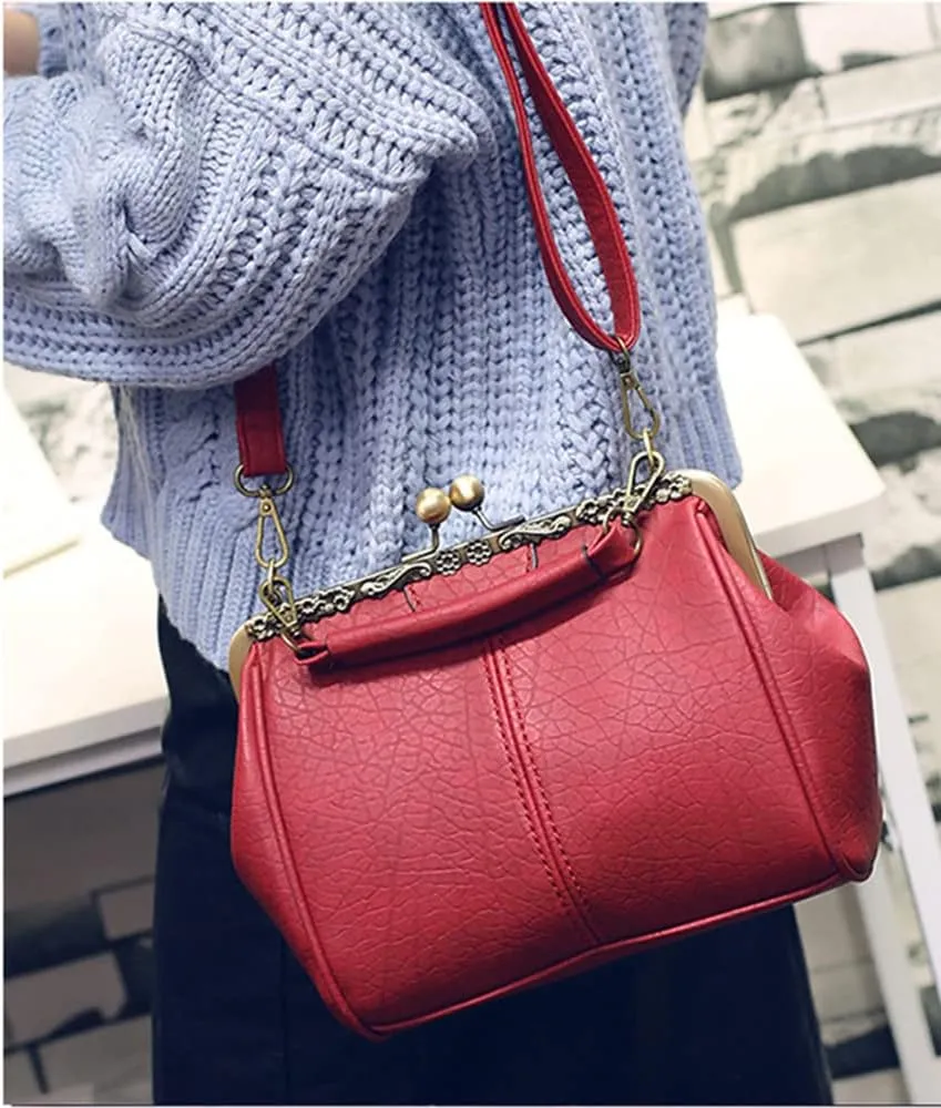 Women's Retro Handbag Kiss Lock Shoulder Purse PU Leather Tote Satchel with Lace