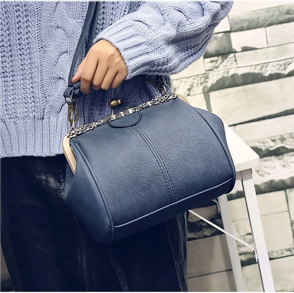 Women's Retro Handbag Kiss Lock Shoulder Purse PU Leather Tote Satchel with Lace