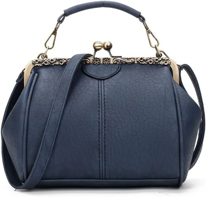 Women's Retro Handbag Kiss Lock Shoulder Purse PU Leather Tote Satchel with Lace