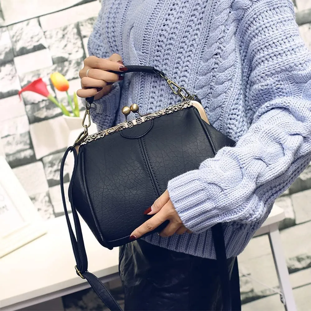Women's Retro Handbag Kiss Lock Shoulder Purse PU Leather Tote Satchel with Lace
